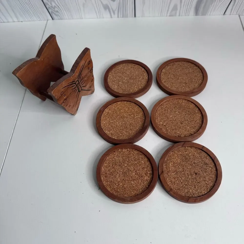 Vintage Boho Wood Butterfly Coaster Holder with Wood And Cork Inserts Set of 6